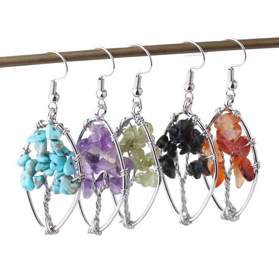 Boucle d'Oreille Arbre de Vie <br> En pierres semi-précieuses