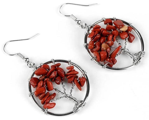 Boucles d'Oreilles Arbre de Vie Agate Rouge