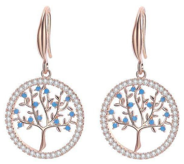 Boucles d'Oreilles Arbre de Vie Or et Bleu