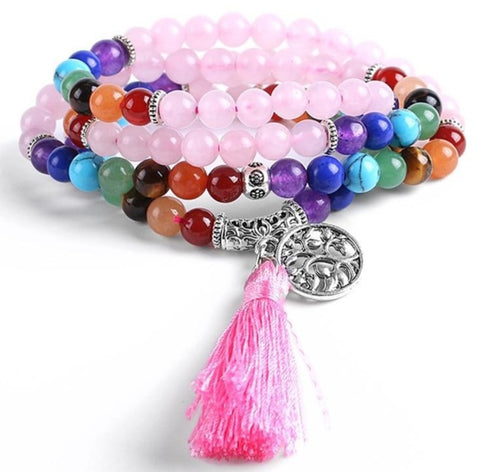 Bracelet Mala 108 Perles Quartz Rose et Améthyste